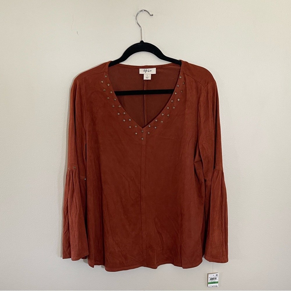Style & Co Brown Bell-Sleeved V-Neck Top -Size L- NWT
